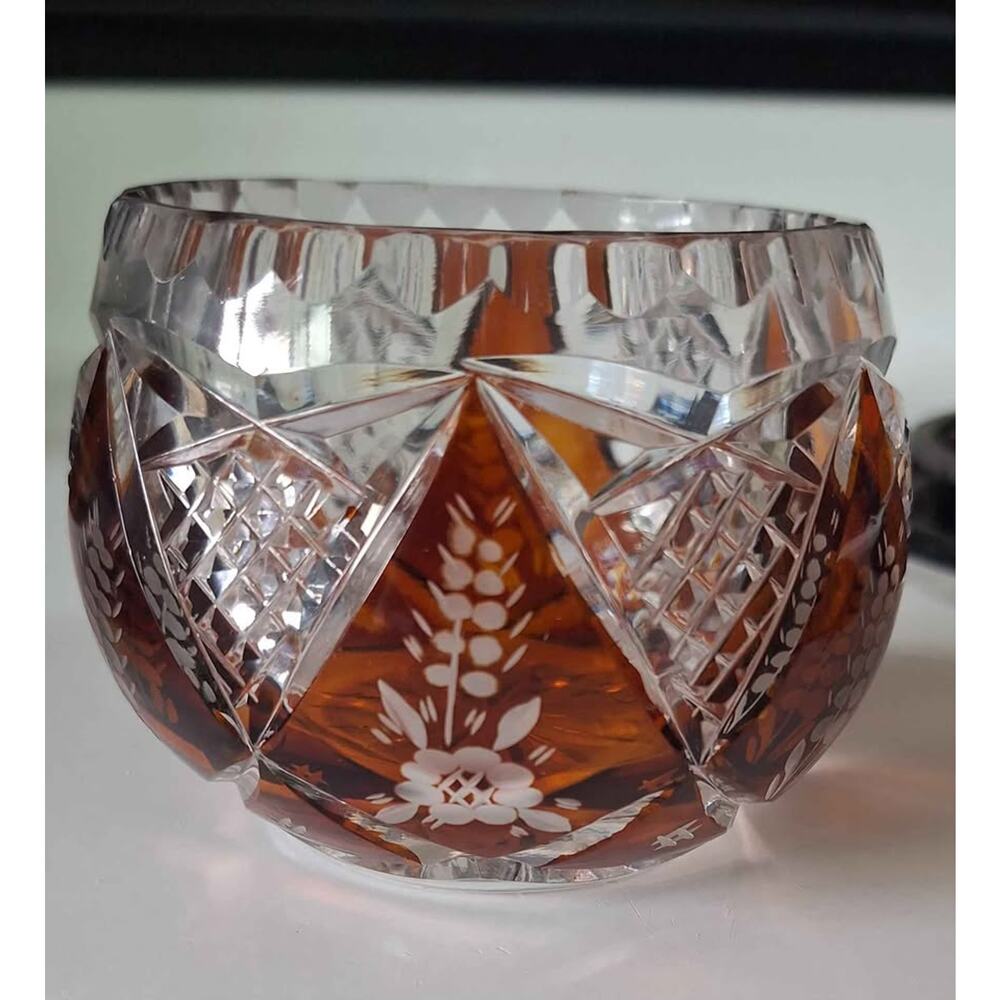 Amber colored Bohemian cut to Clear Leaded Crystal 3 x 3.5 inches